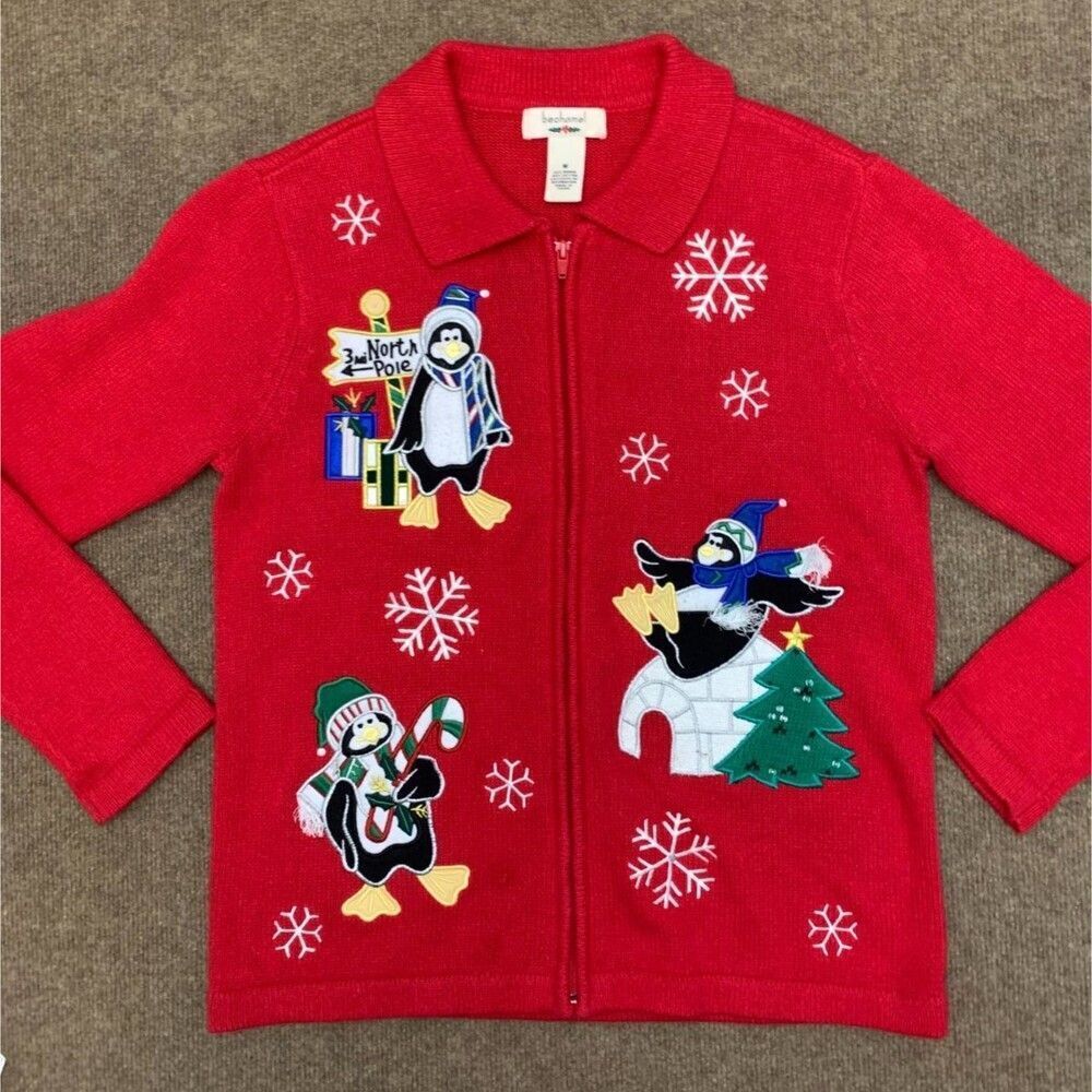 Vintage Bechamel Christmas Sweater Womens M Holiday Festive Embroidered Cardigan